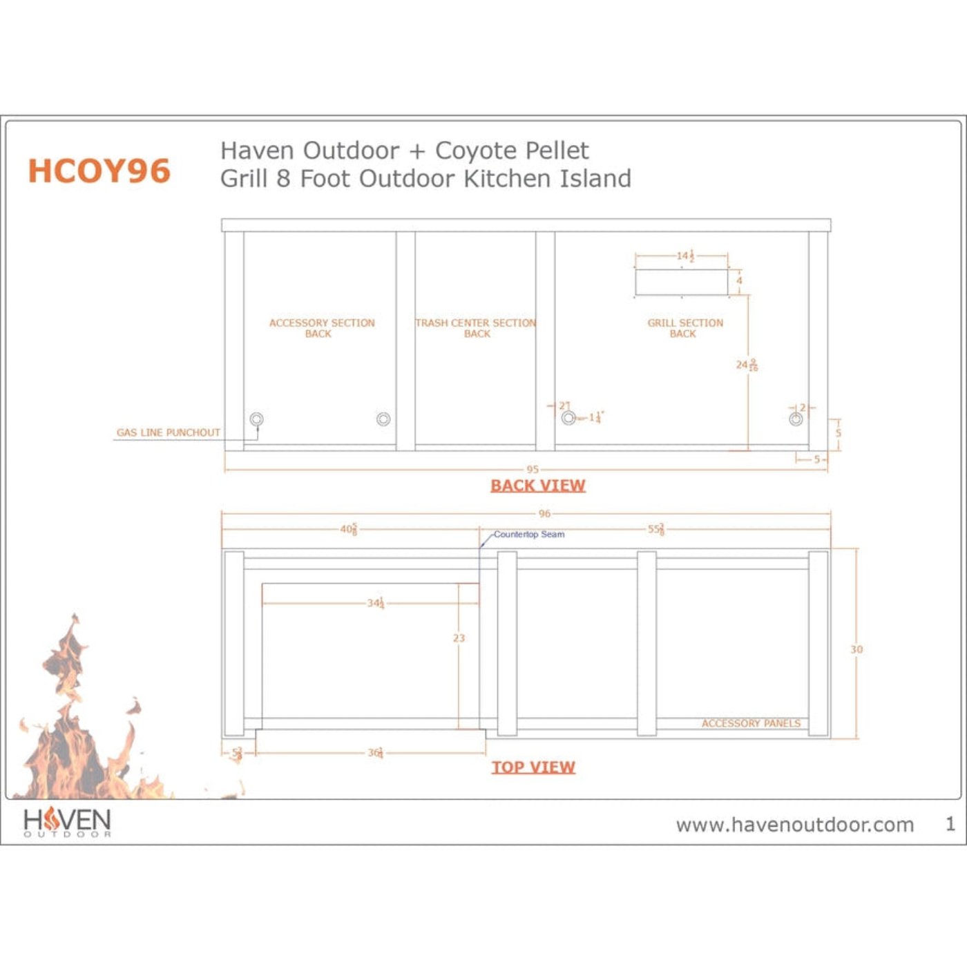 Haven 96-Inch Outdoor Kitchen Island with Plain Panel for 36-Inch Pellet Grill - HCOY96PPANAB