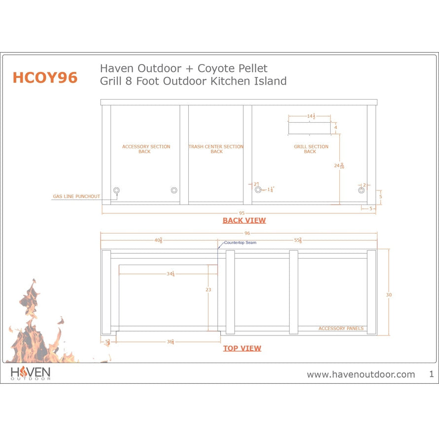 Haven 96-Inch Outdoor Kitchen Island with 36-Inch Pellet Grill, 2 Drawer Cabinet & Trash Drawer - HCOY96DRAW-AB-LP