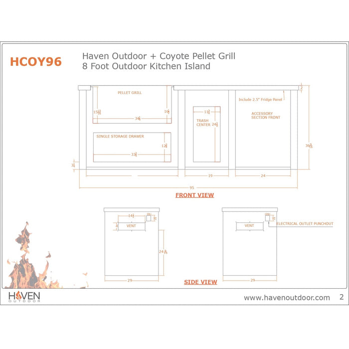 Haven 96-Inch Outdoor Kitchen Island with 36-Inch Pellet Grill & 2 Drawer Cabinet Cutouts - HCOY96PDRAWAB