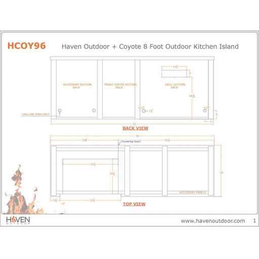 Haven 96-Inch Outdoor Kitchen Island with Trash Center, Plain Panel & Gas Grill - HCOY96PAN-AB-LP