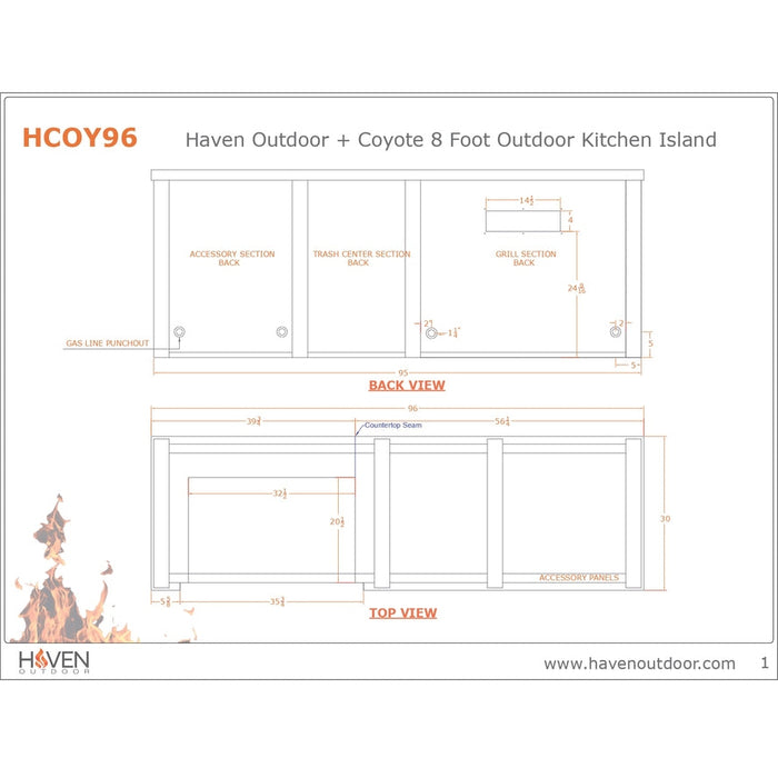 Haven 96-Inch Outdoor Kitchen Island with Trash Center, 2 Drawer Cabinet & Gas Grill - HCOY96DRAW-AB-LP