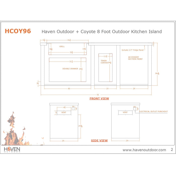 Haven 96-Inch Outdoor Kitchen Island with Trash Center, 24-Inch Refrigerator & Gas Grill - HCOY96REF-AB-LP