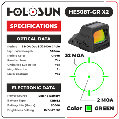 HOLOSUN Elite Green Dot Sight HE508T-GR X2 with Wearable4U Lens Cleaning Pen, Extra CR1632 Battery and W4U Lens Cleaning Cloth Bundle