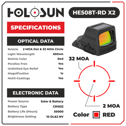 HOLOSUN Elite Red Dot Sight HE508T-RD X2 with Wearable4U Lens Cleaning Pen, Extra CR1632 Battery and W4U Lens Cleaning Cloth Bundle