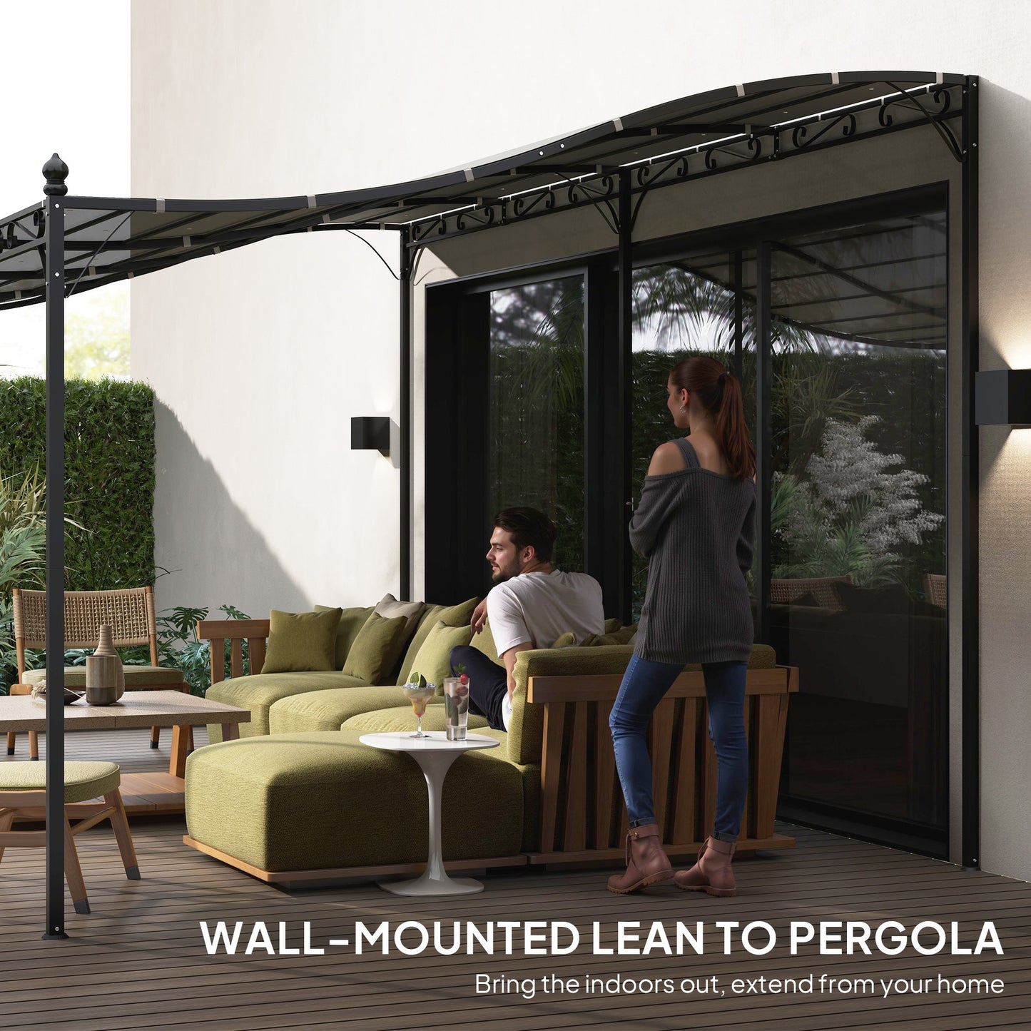 Outsunny 10' x 16' Wall-Mounted Pergola Canopy, Metal Patio Canopy, Drainage Holes, Dark Gray - 84C-582V00CG