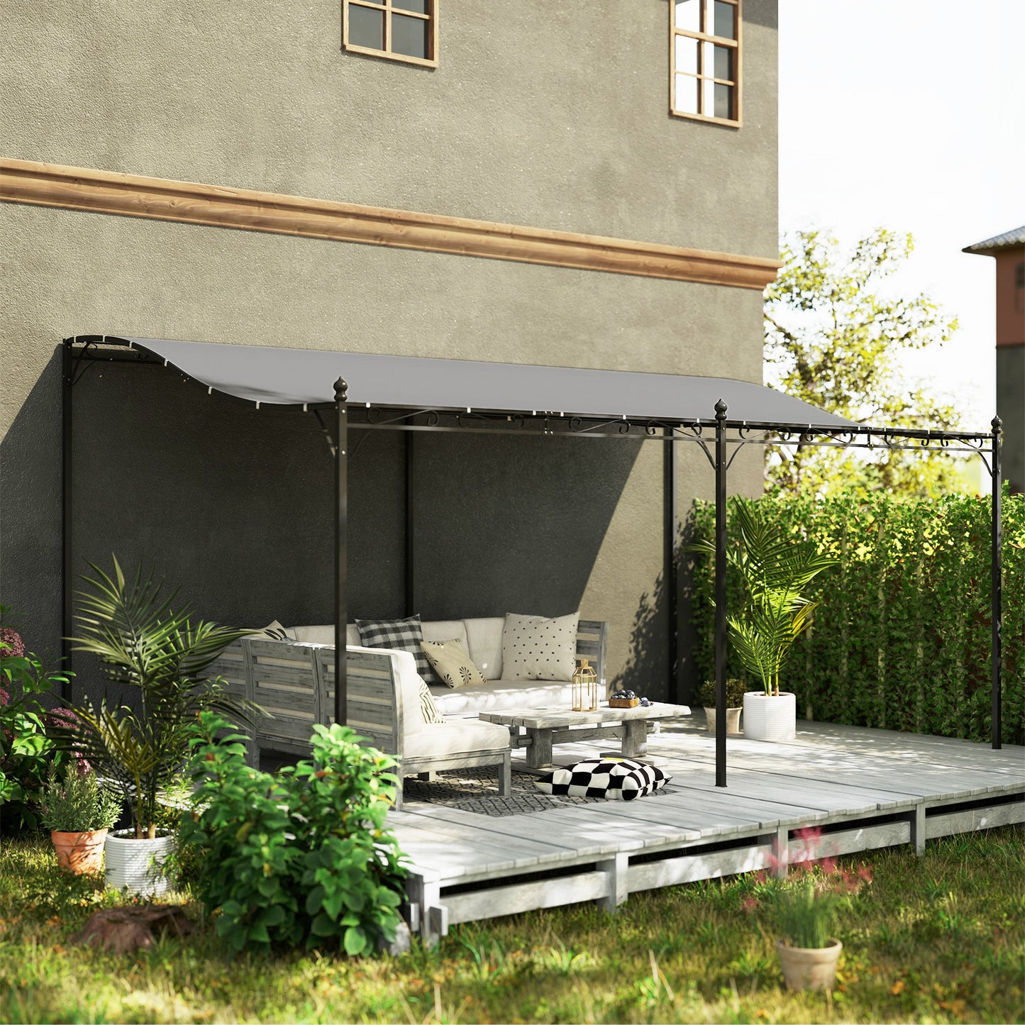 Outsunny 10' x 16' Wall-Mounted Pergola Canopy, Metal Patio Canopy, Drainage Holes, Dark Gray - 84C-582V00CG