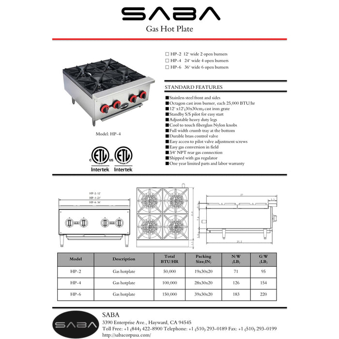 SABA HP-4 - Commercial Gas Hotplate Cooker - HP-4