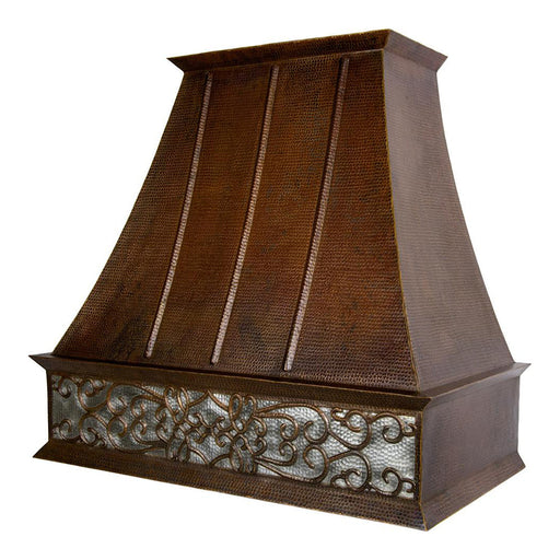Premier Copper 38 in. Hammered Copper Wall Mounted Euro Range Hood with Nickel Background Scroll Design
