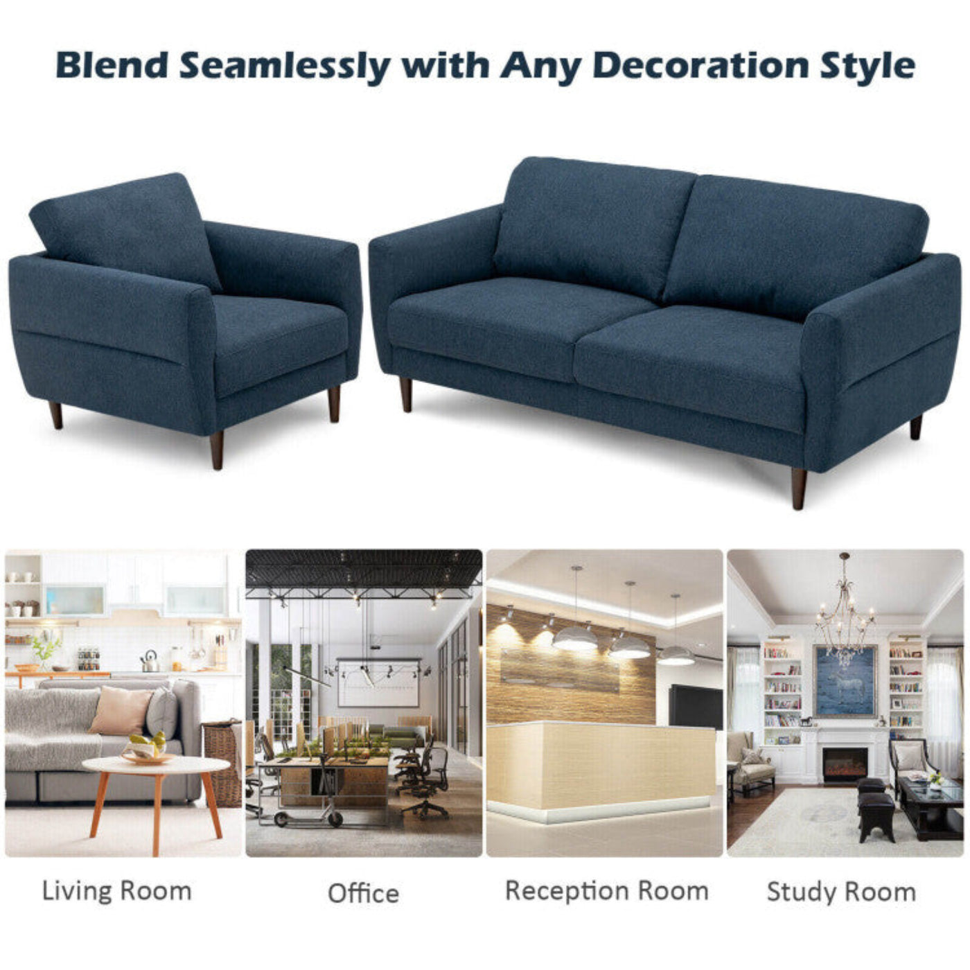 Costway Sofa Set 2-Piece Modern Upholstered Fabric Loveseat and Armchair with Solid Wood Frame New - HV10186WL-NY+