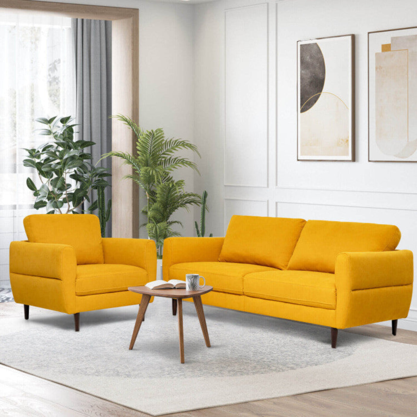 Costway Sofa Set 2-Piece Modern Upholstered Fabric Loveseat and Armchair with Solid Wood Frame New - HV10186WL-NY+