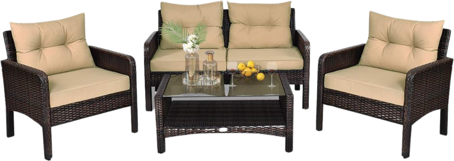Costway Patio Furniture Set Rattan Outdoor 4 Piece Glass Coffee Table New - HW68637ARE+
