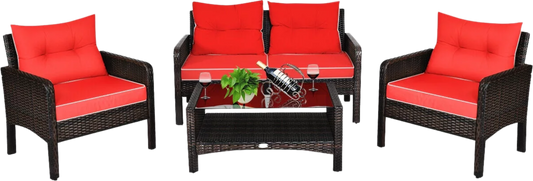 Costway Patio Furniture Set Rattan Outdoor 4 Piece Glass Coffee Table New - HW68637ARE+