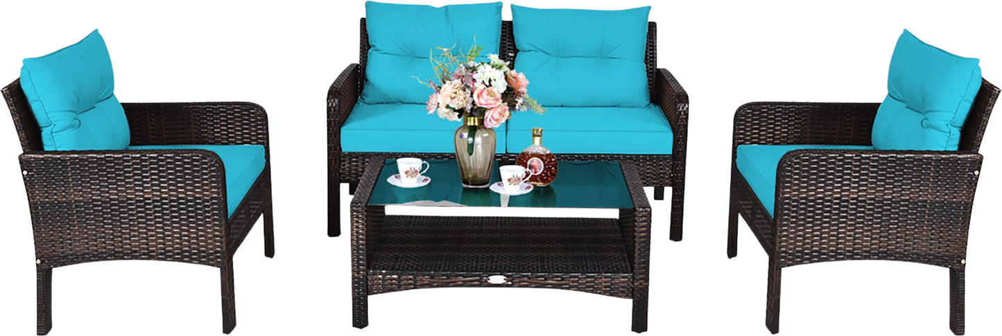 Costway Patio Furniture Set Rattan Outdoor 4 Piece Glass Coffee Table New - HW68637ARE+