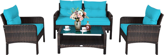 Costway Patio Furniture Set Rattan Outdoor 4 Piece Glass Coffee Table New - HW68637ARE+