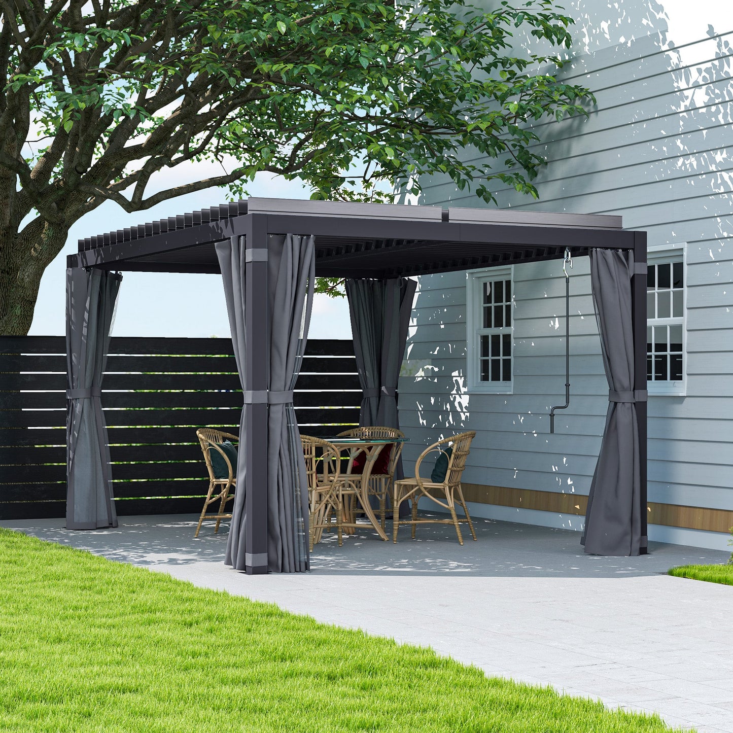 Outsunny 10' x 13' Aluminum Pergola with Adjustable Louvered Roof, Includes Curtains & Netting, Dark Gray - 84C-510V01CG