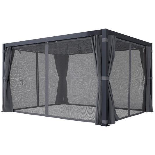 10' x 13' Aluminum Pergola with Adjustable Louvered Roof, Includes Curtains & Netting, Dark Gray