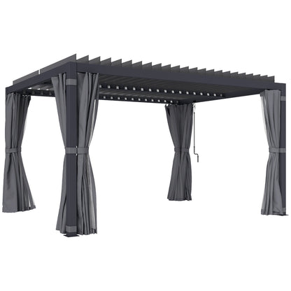 Outsunny 10' x 13' Aluminum Pergola with Adjustable Louvered Roof, Includes Curtains & Netting, Dark Gray - 84C-510V01CG