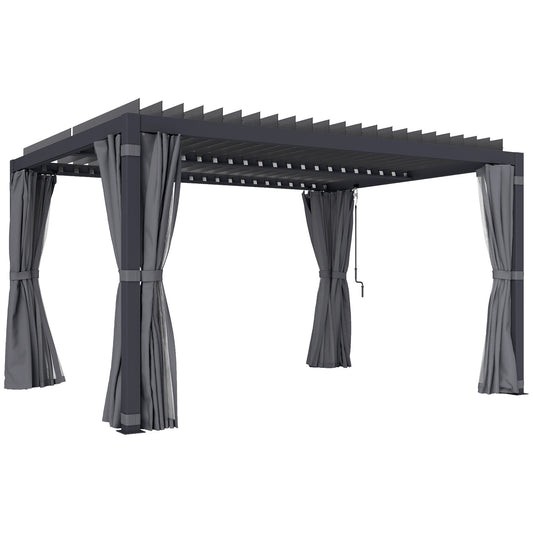 10' x 13' Aluminum Pergola with Adjustable Louvered Roof, Includes Curtains & Netting, Dark Gray