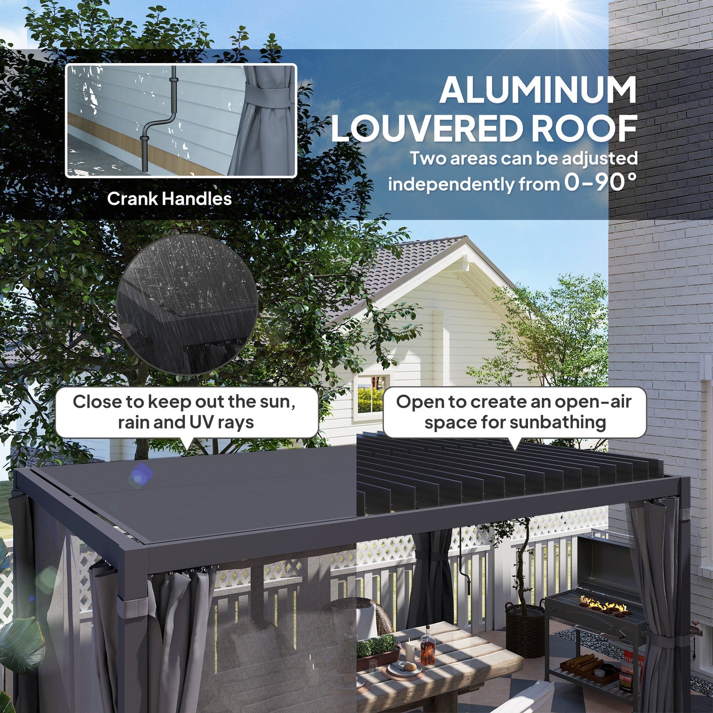 Outsunny 10' x 13' Aluminum Pergola with Adjustable Louvered Roof, Includes Curtains & Netting, Dark Gray - 84C-510V01CG