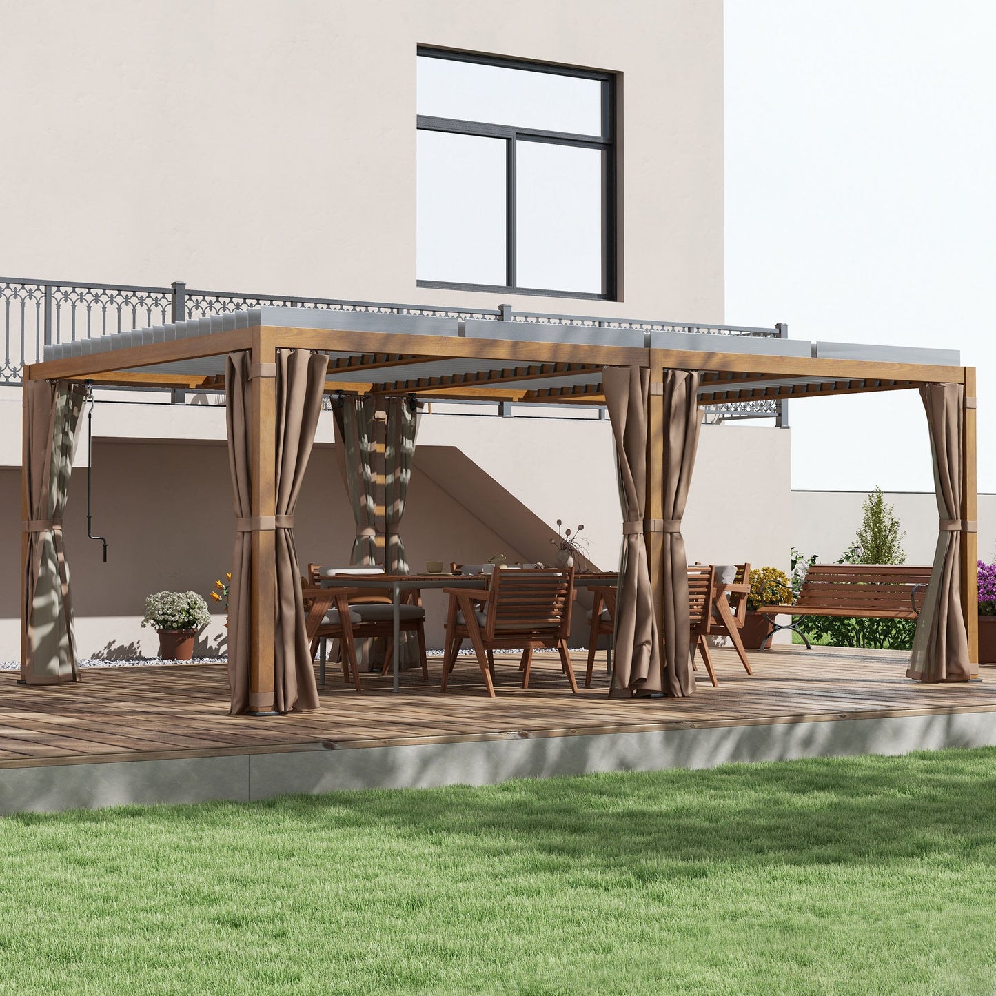 Outsunny 12' x 19' Aluminum Outdoor Pergola with Adjustable Louvered, Curtains & Netting, Natural - 84C-509V00ND