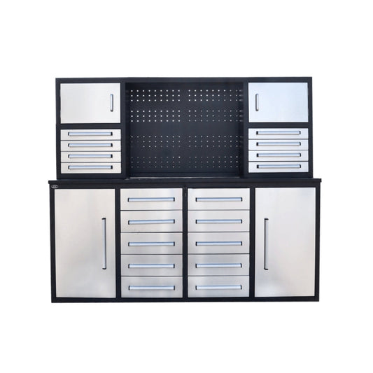 Chery Industrial 7 ft Garage Workbench Cabinet (18 Drawers & 4 Cabinets & Pegboard) - WW000205
