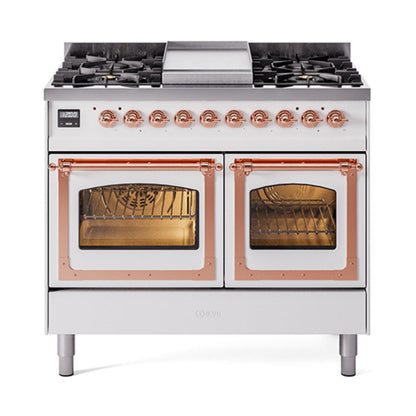 GREE ILVE 40 Inch Nostalgie II Noblesse Freestanding Dual Fuel Range with 6 Sealed Burners, Griddle with Copper Trim - UND40FNMPWHP