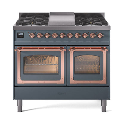 GREE ILVE 40 Inch Nostalgie II Noblesse Freestanding Dual Fuel Range with 6 Sealed Burners, Griddle with Copper Trim - UND40FNMPWHP