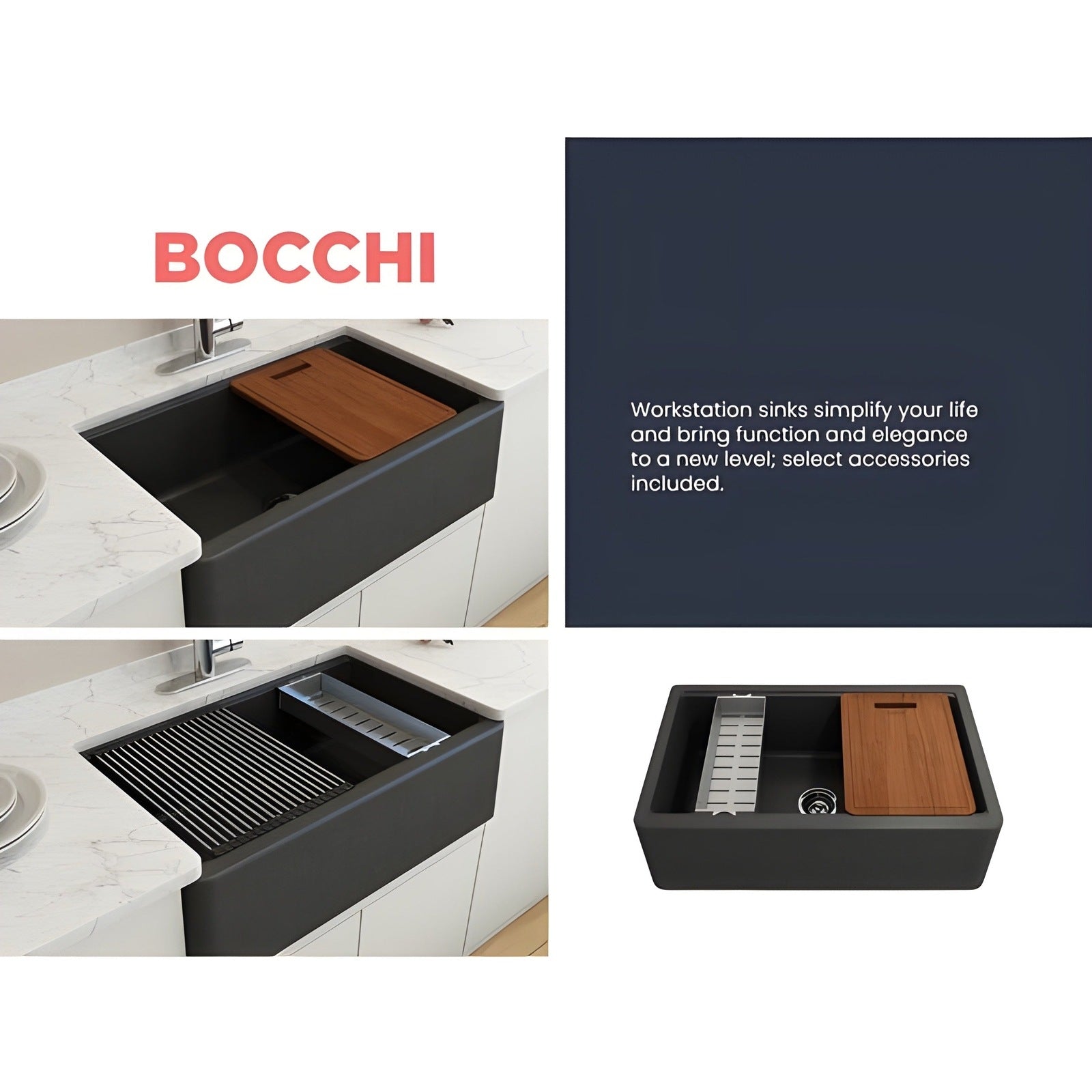Bocchi 33" Concrete Gray Apron-Front Workstation Granite Composite Kitchen Sink - 1600-506-0120