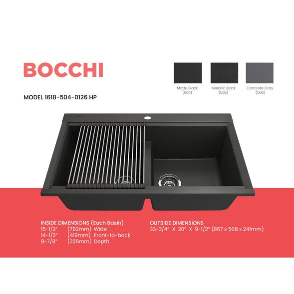 Bocchi 34" Undermount Double Bowl Composite Workstation Kitchen Sink with Covers in Matte Black - 1618-504-0126HP