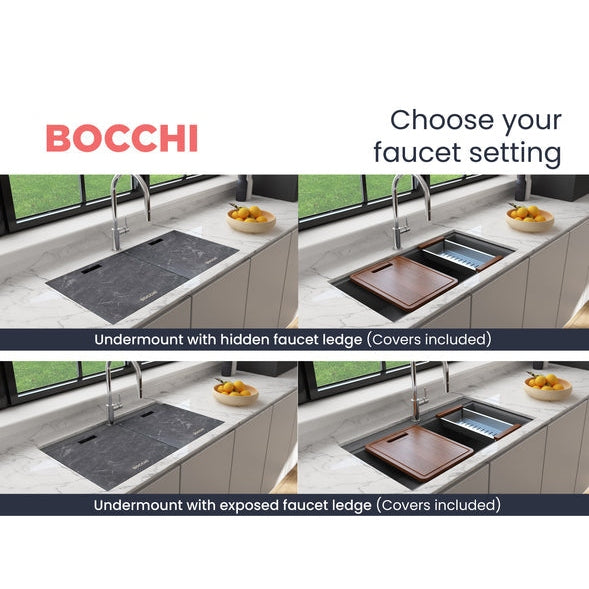 Bocchi 34" Undermount Double Bowl Composite Workstation Kitchen Sink with Covers in Concrete Gray - 1618-506-0126HP