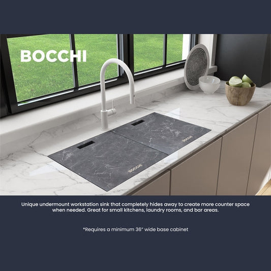 Bocchi 34" Undermount Double Bowl Composite Workstation Kitchen Sink with Covers in Concrete Gray - 1618-506-0126HP