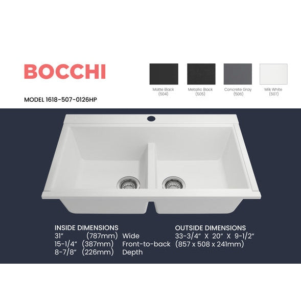 Bocchi 34" Undermount Double Bowl Composite Workstation Kitchen Sink with Covers in Milk White - 1618-507-0126HP