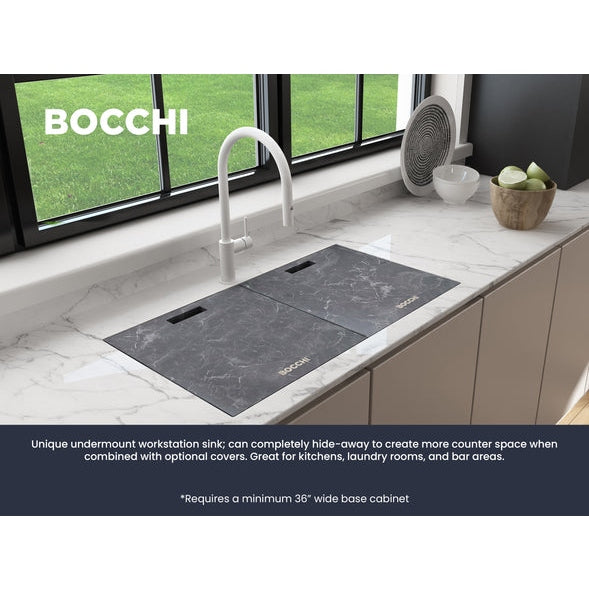 Bocchi 34" Undermount Double Bowl Composite Workstation Kitchen Sink with Covers in Milk White - 1618-507-0126HP