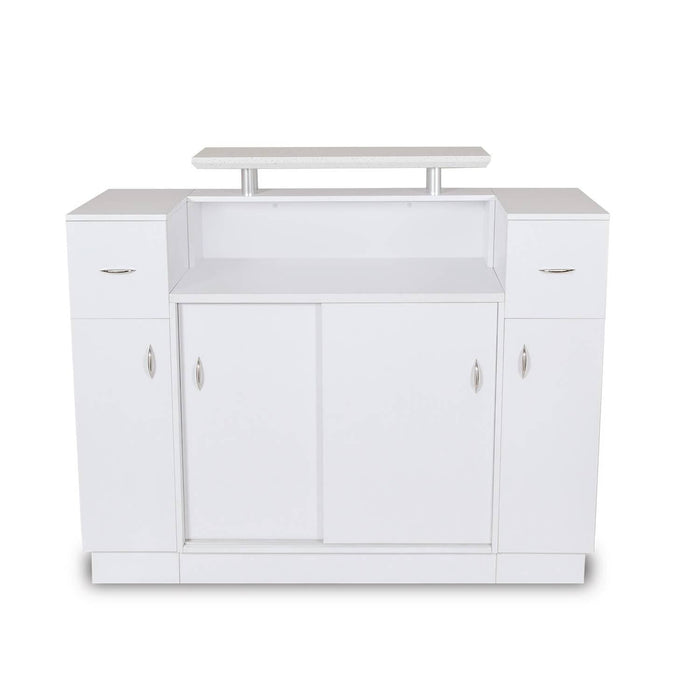 J&A SALON RECEPTION DESK WITH DISPLAY & GRANITE TOP - DSP-J&A-NRTBL-KM-RECP-R025-WHT