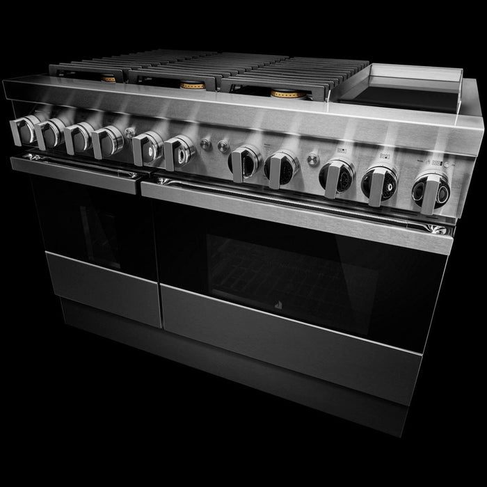 JennAir – NOIR 6.3 Cu. Ft. Freestanding Double Oven Dual Fuel True Convection Range with Self-Cleaning and Griddle – Floating black glass - eo87