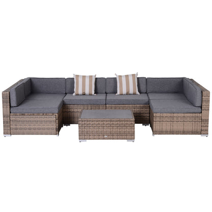 Outsunny 7-Piece Outdoor Rattan Conversation Set with Cushions and Tea Table, Gray - 860-020V03