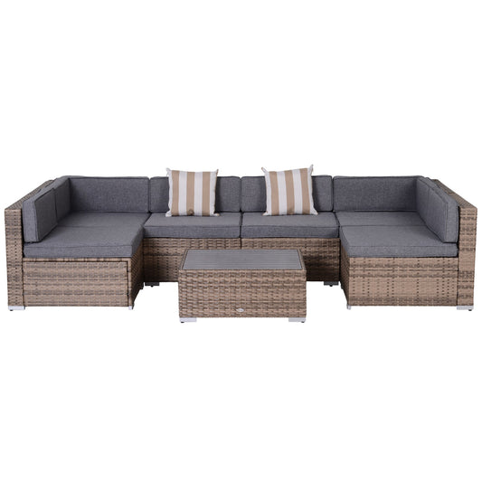 Outsunny 7-Piece Outdoor Rattan Conversation Set with Cushions and Tea Table, Gray - 860-020V03