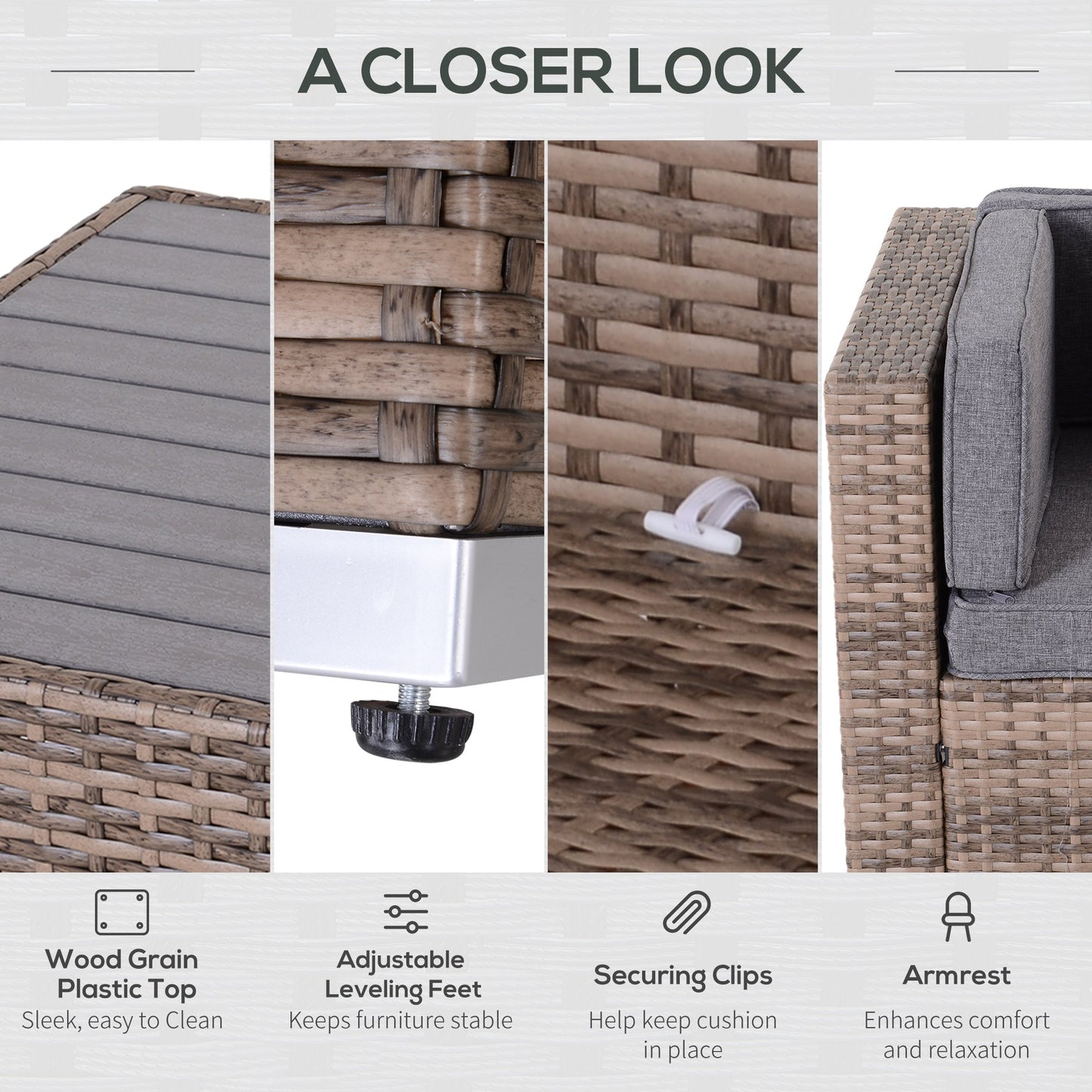 Outsunny 7-Piece Outdoor Rattan Conversation Set with Cushions and Tea Table, Gray - 860-020V03