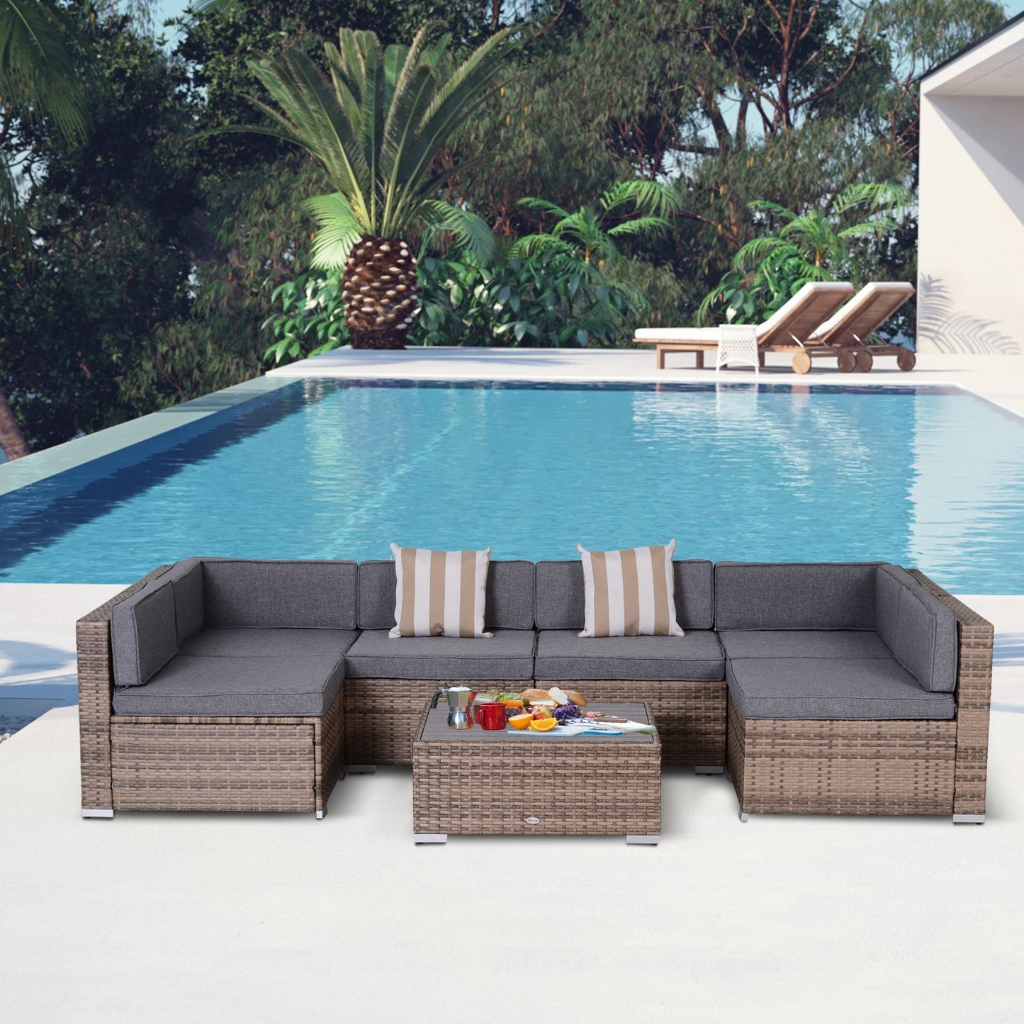 Outsunny 7-Piece Outdoor Rattan Conversation Set with Cushions and Tea Table, Gray - 860-020V03