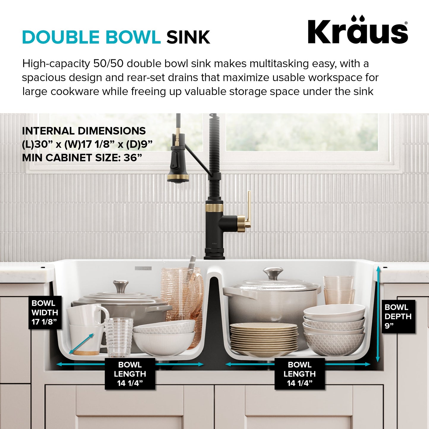 KRAUS Forteza 33” Granite Drop-In or Undermount 50/50 Double Bowl White Kitchen Sink - KGD-52WHITE