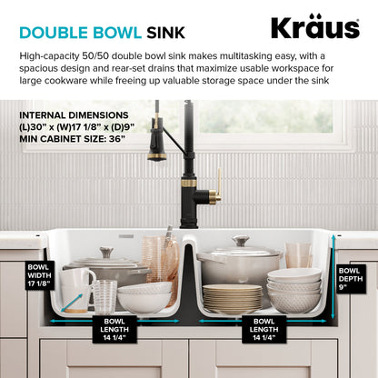 KRAUS Forteza 33” Granite Drop-In or Undermount 50/50 Double Bowl White Kitchen Sink - KGD-52WHITE