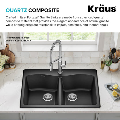 KRAUS Forteza 33” Granite Drop-In or Undermount 50/50 Double Bowl White Kitchen Sink - KGD-52WHITE