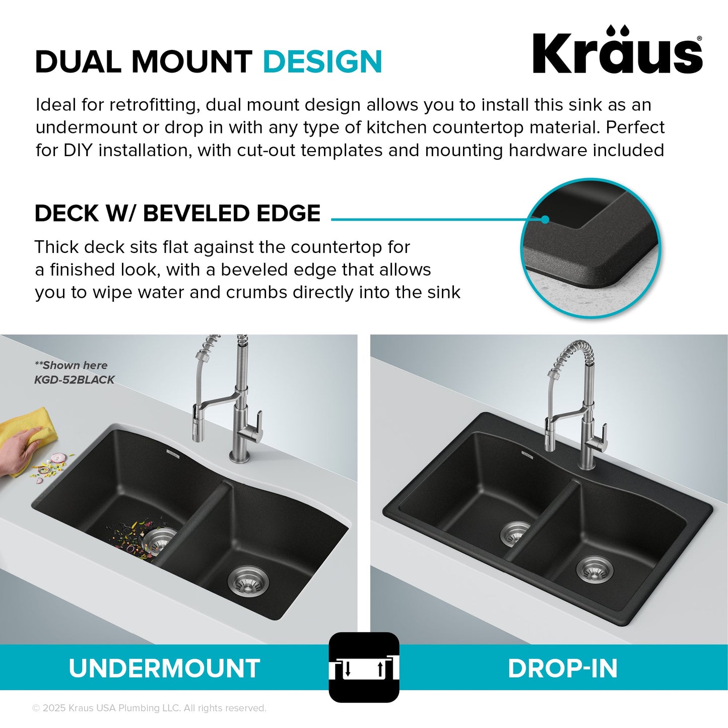 KRAUS Forteza 33” Granite Drop-In or Undermount 50/50 Double Bowl White Kitchen Sink - KGD-52WHITE