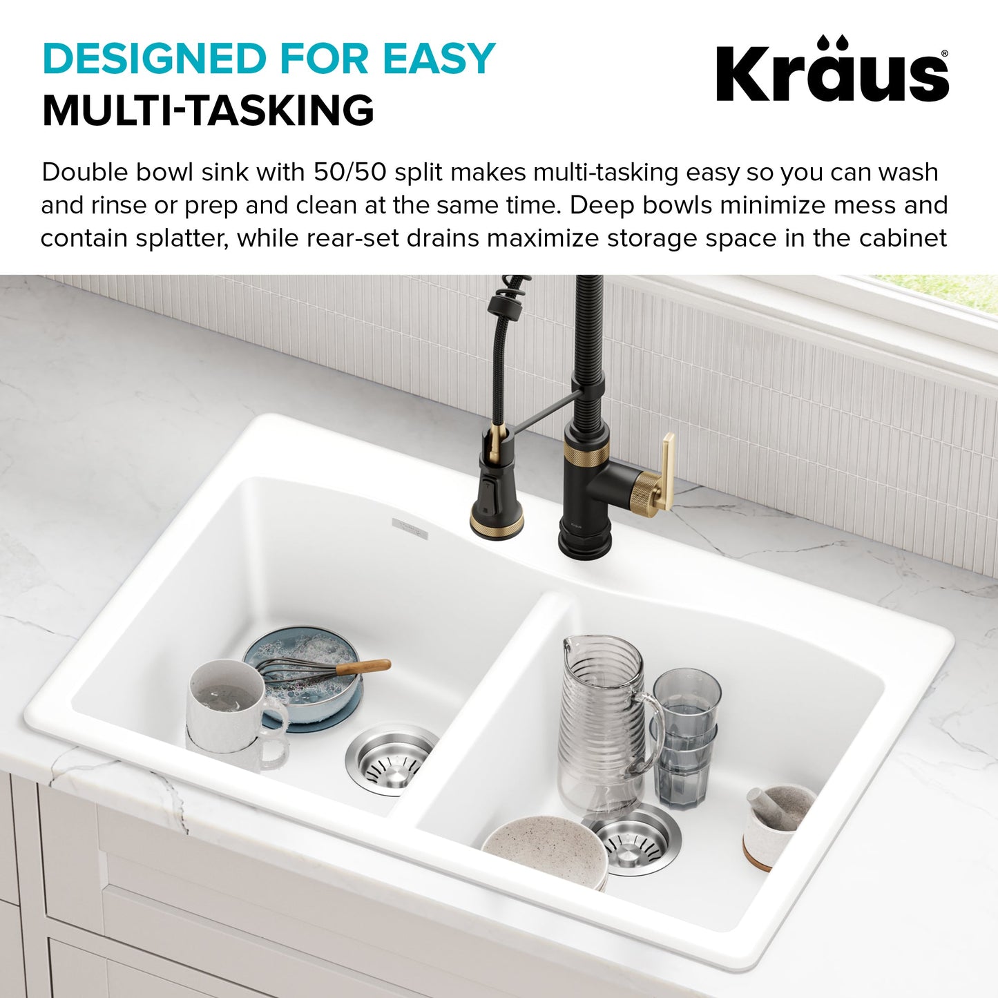 KRAUS Forteza 33” Granite Drop-In or Undermount 50/50 Double Bowl White Kitchen Sink - KGD-52WHITE