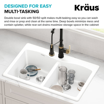 KRAUS Forteza 33” Granite Drop-In or Undermount 50/50 Double Bowl White Kitchen Sink - KGD-52WHITE
