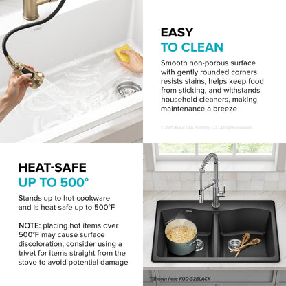 KRAUS Forteza 33” Granite Drop-In or Undermount 50/50 Double Bowl White Kitchen Sink - KGD-52WHITE