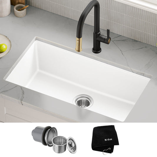 KRAUS Quarza 31” Granite Undermount Single Bowl White Kitchen Sink - KGU-413BWHITE
