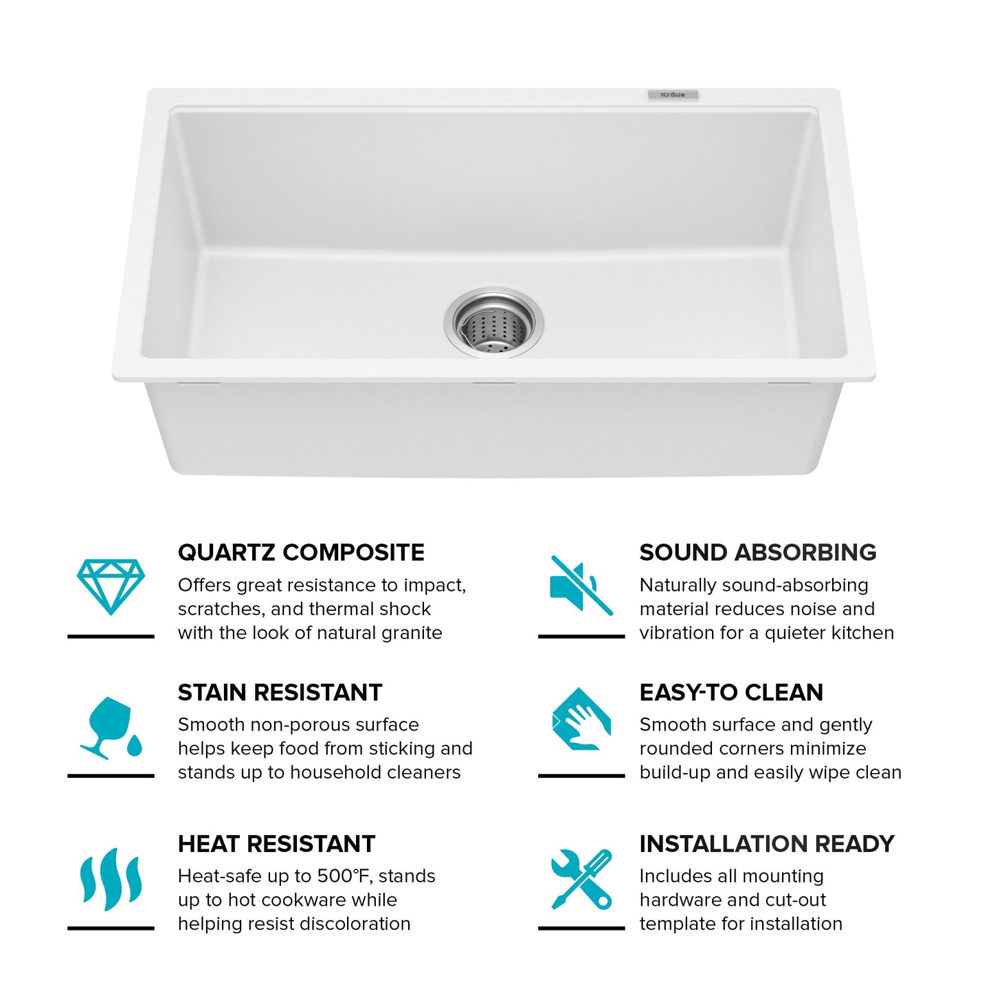 KRAUS Quarza 31” Granite Undermount Single Bowl White Kitchen Sink - KGU-413BWHITE