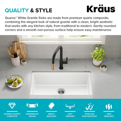 KRAUS Quarza 31” Granite Undermount Single Bowl White Kitchen Sink - KGU-413BWHITE
