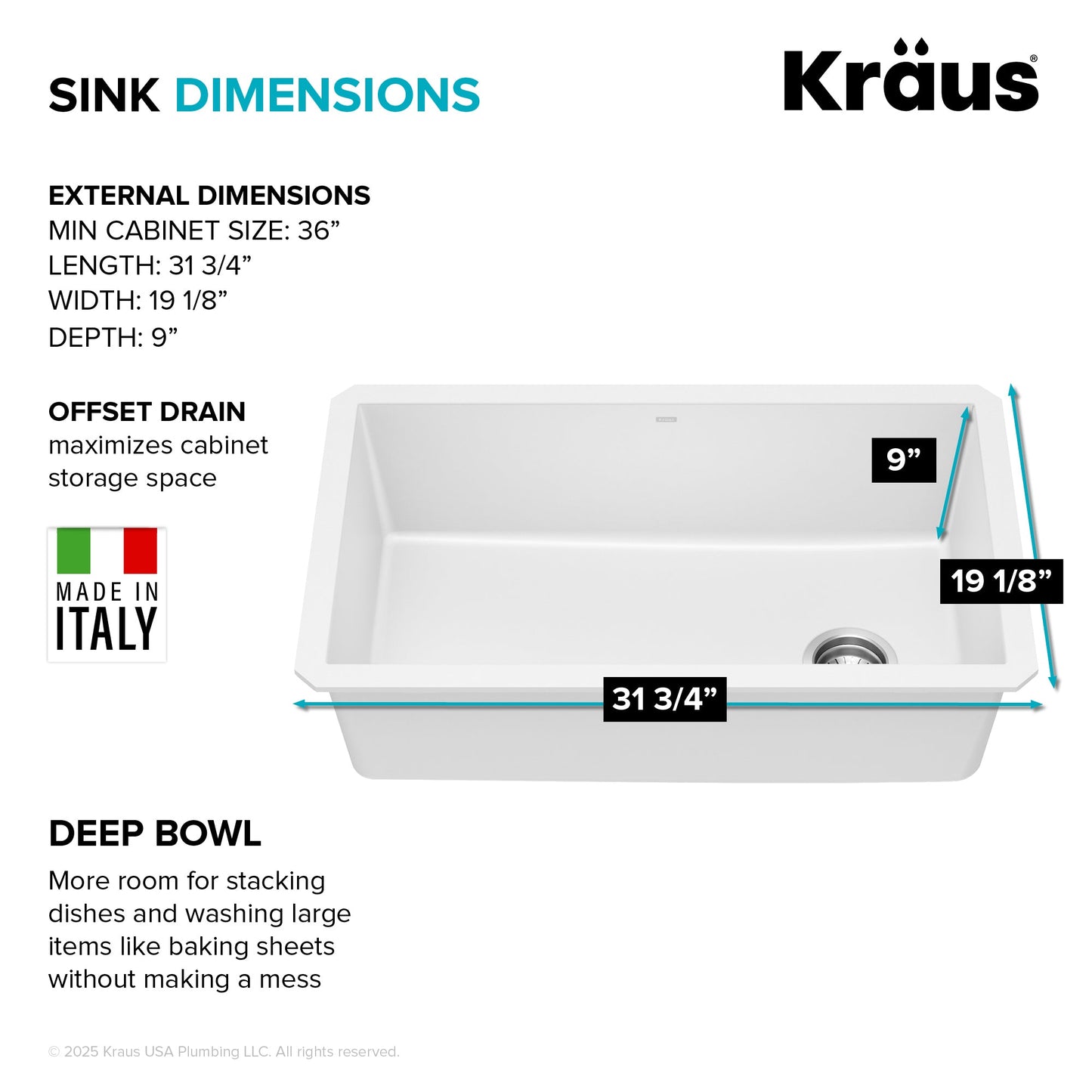 KRAUS Forteza 32” Granite Undermount Single Bowl White Kitchen Sink - KGU-55WHITE